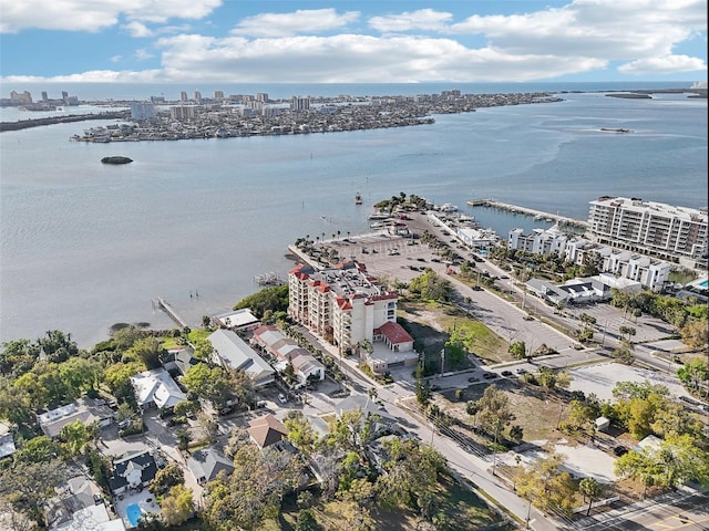 drone / aerial view with a water view and a city view