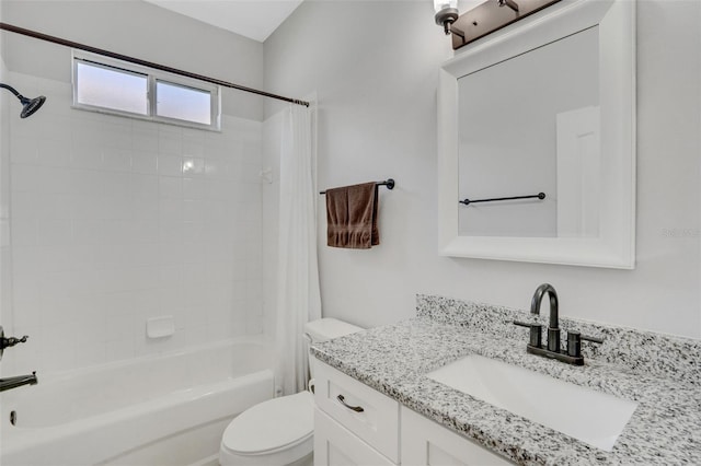 bathroom featuring vanity, toilet, and shower / tub combo with curtain