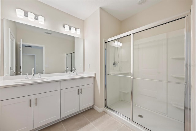 bathroom with a sink, visible vents, a stall shower, and tile patterned flooring