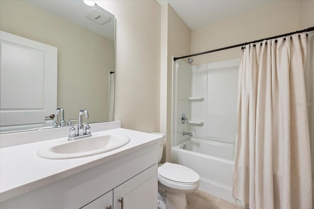 full bathroom with shower / bathtub combination with curtain, toilet, and vanity