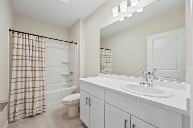 full bathroom with vanity, tile patterned floors, toilet, and shower / bathtub combination with curtain