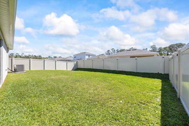 view of yard featuring central AC unit and a fenced backyard