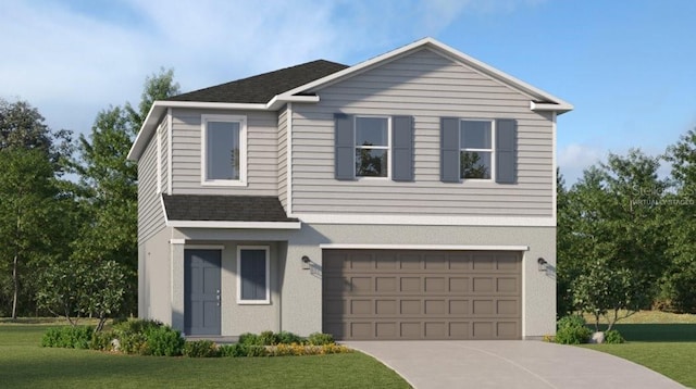 view of front of property with a shingled roof, a front yard, stucco siding, a garage, and driveway