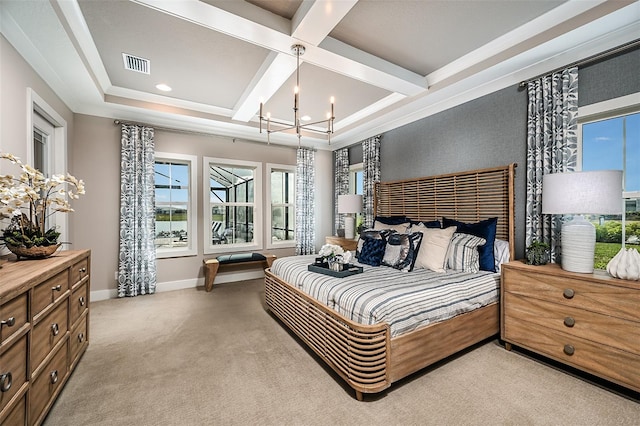 bedroom with visible vents, light carpet, coffered ceiling, baseboards, and a chandelier