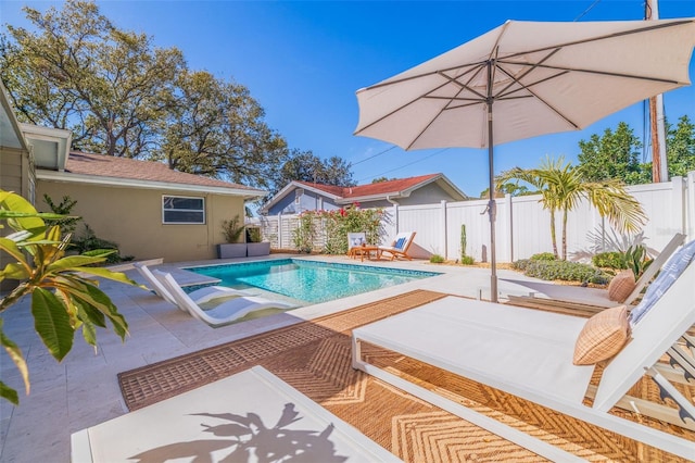 view of pool with a fenced in pool, a fenced backyard, and a patio area