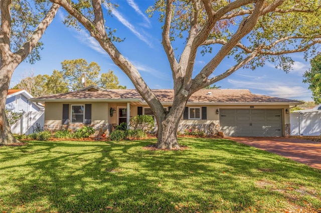 single story home with stucco siding, a garage, and fence