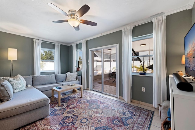 living room featuring light tile patterned floors and ceiling fan