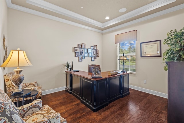 home office with a tray ceiling, baseboards, dark wood-style flooring, and crown molding