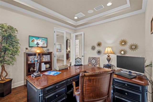 office area featuring visible vents, arched walkways, ornamental molding, and dark wood-style flooring