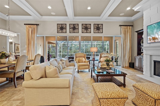 living room featuring beamed ceiling, coffered ceiling, recessed lighting, a fireplace, and a towering ceiling