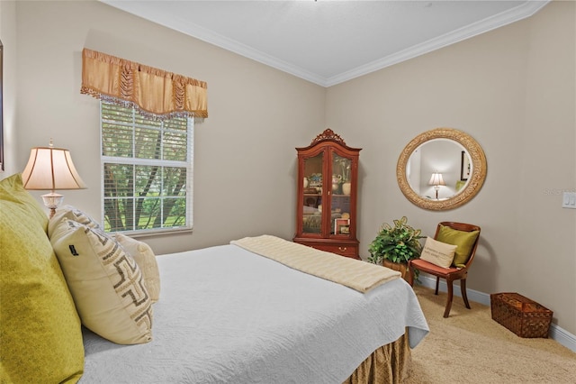 carpeted bedroom with crown molding and baseboards