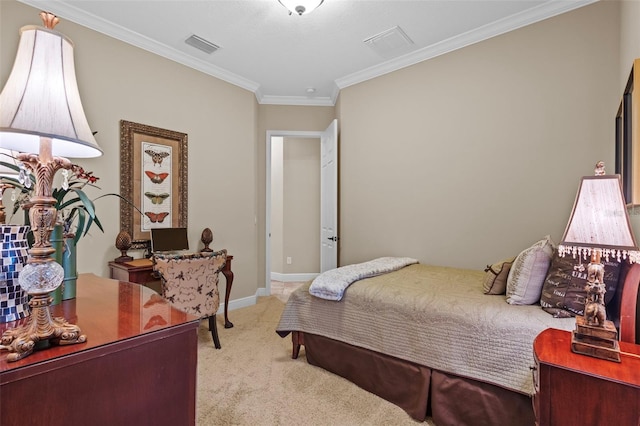 carpeted bedroom featuring visible vents, crown molding, and baseboards