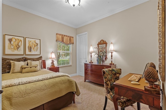 bedroom featuring crown molding, baseboards, and light carpet