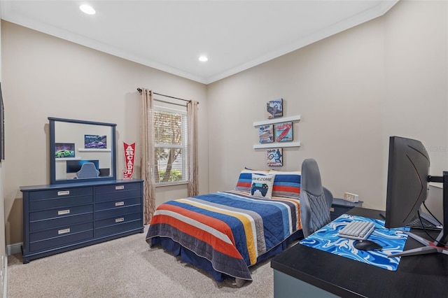 bedroom with recessed lighting, light colored carpet, and ornamental molding