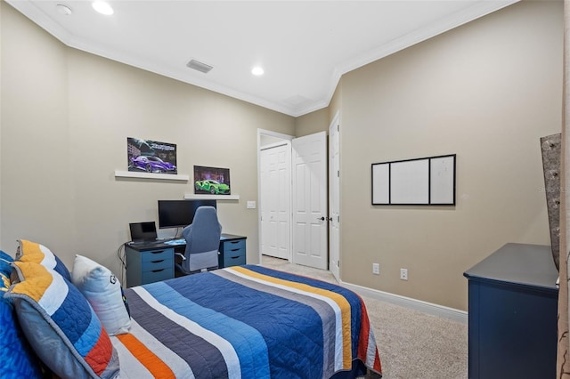 carpeted bedroom with recessed lighting, visible vents, baseboards, and ornamental molding