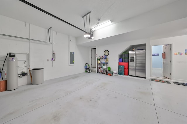 garage with electric panel, stainless steel fridge, and a garage door opener