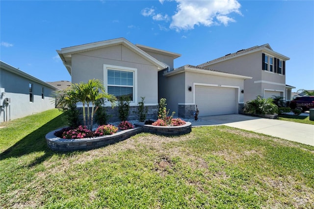 view of front of home with driveway, stone siding, stucco siding, a front lawn, and a garage