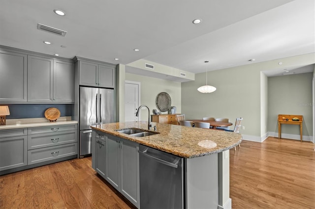 kitchen featuring a sink, visible vents, gray cabinets, and stainless steel appliances