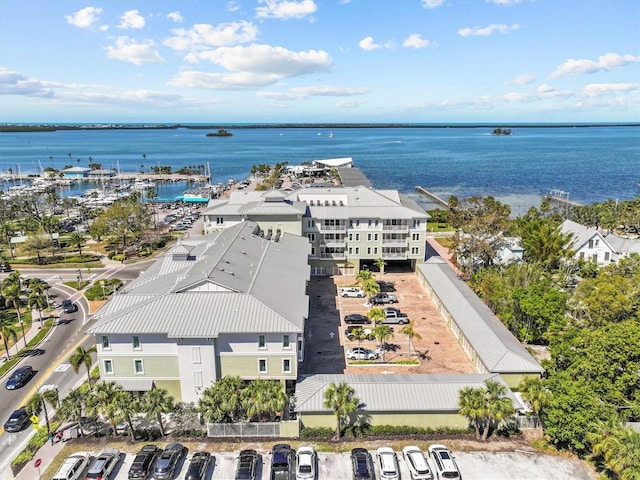 aerial view featuring a water view