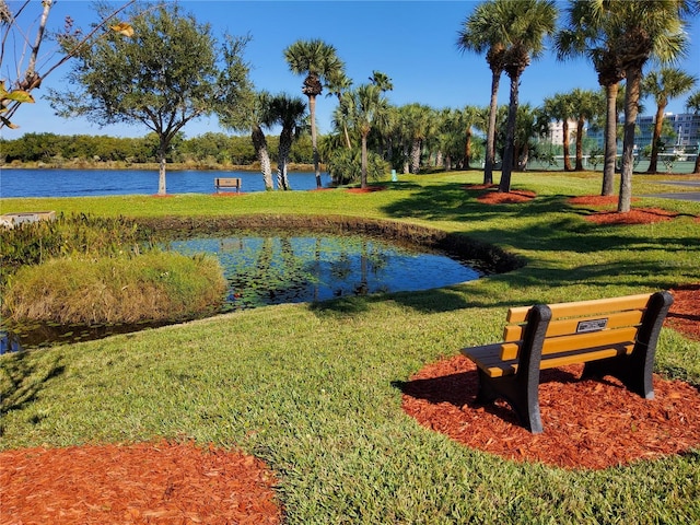 view of home's community featuring a lawn and a water view