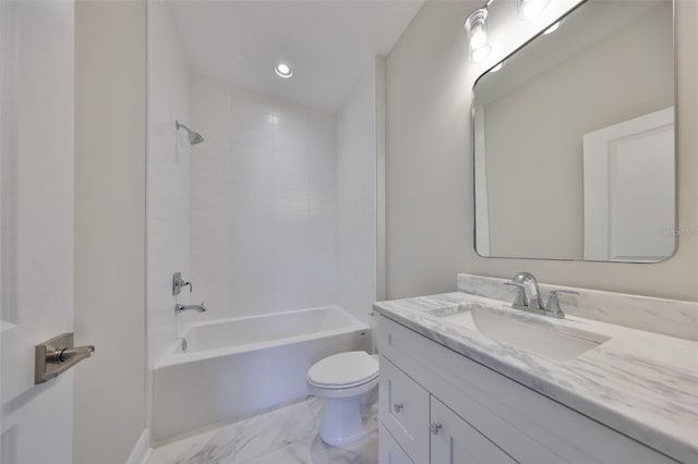 bathroom with recessed lighting, marble finish floor, bathing tub / shower combination, toilet, and vanity