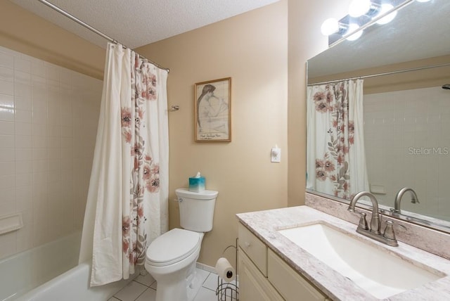 full bath with vanity, shower / bathtub combination with curtain, a textured ceiling, tile patterned floors, and toilet