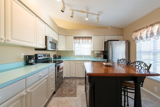 kitchen with a breakfast bar area, a sink, vaulted ceiling, appliances with stainless steel finishes, and a center island