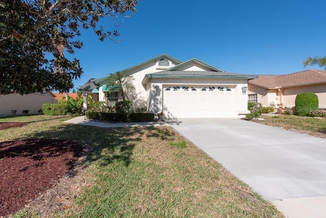 ranch-style house with a front yard, a garage, driveway, and stucco siding