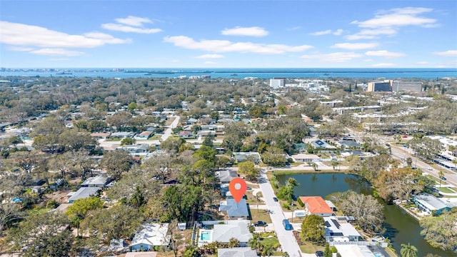 drone / aerial view with a water view