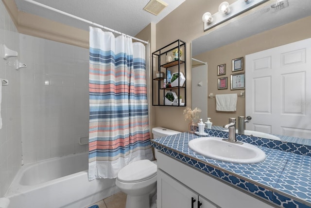 bathroom with tile patterned floors, shower / bathtub combination with curtain, visible vents, toilet, and a textured ceiling