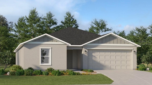 single story home featuring a front yard, a garage, and driveway