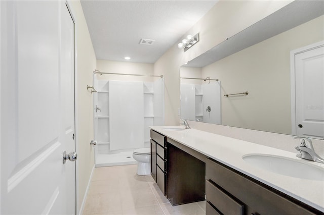 full bath with visible vents, toilet, a shower, and a sink