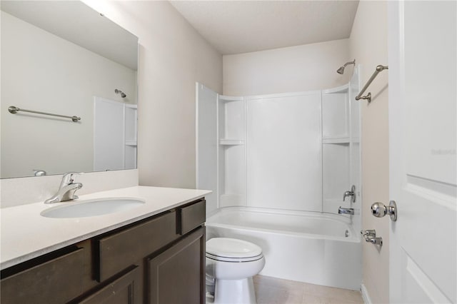 full bathroom featuring vanity, toilet, washtub / shower combination, and tile patterned flooring