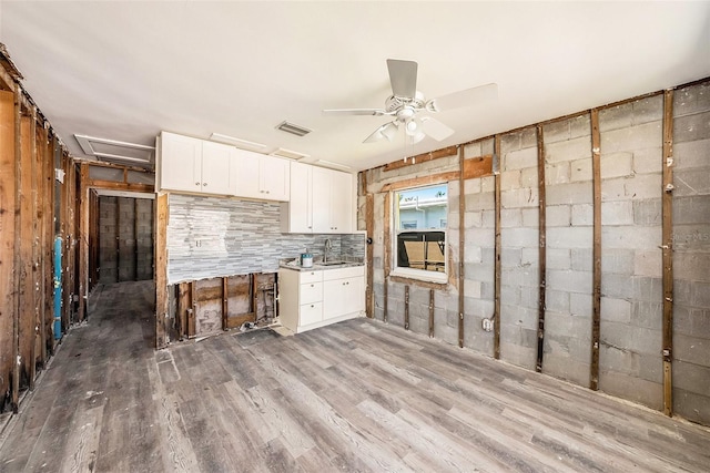 kitchen featuring wood finished floors, visible vents, a ceiling fan, a sink, and white cabinetry