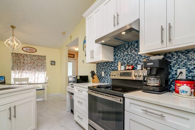 kitchen with under cabinet range hood, light countertops, a notable chandelier, electric range, and white cabinetry