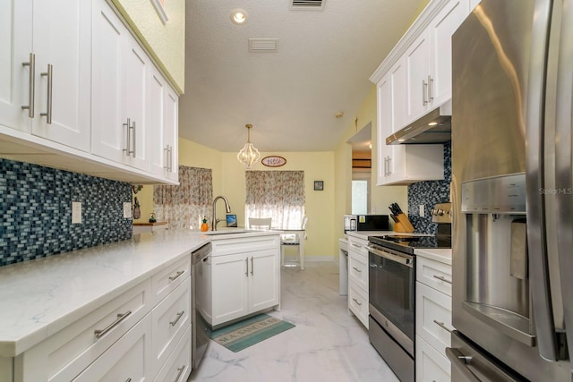 kitchen with visible vents, marble finish floor, a sink, under cabinet range hood, and stainless steel appliances