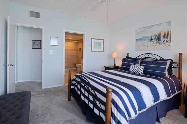 bedroom featuring baseboards, visible vents, carpet floors, ceiling fan, and connected bathroom