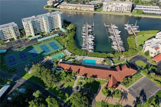 drone / aerial view featuring a water view