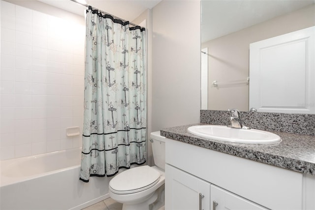 bathroom featuring vanity, shower / bath combination with curtain, toilet, and tile patterned flooring