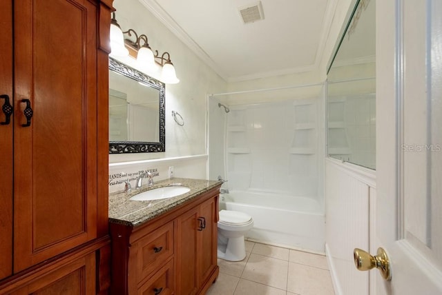 full bathroom with tile patterned flooring, visible vents, crown molding, toilet, and vanity