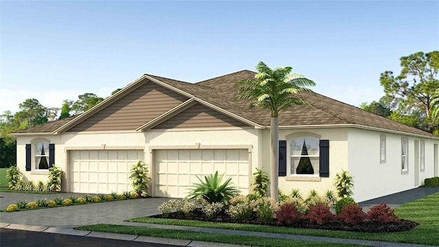 ranch-style house featuring decorative driveway, an attached garage, and stucco siding