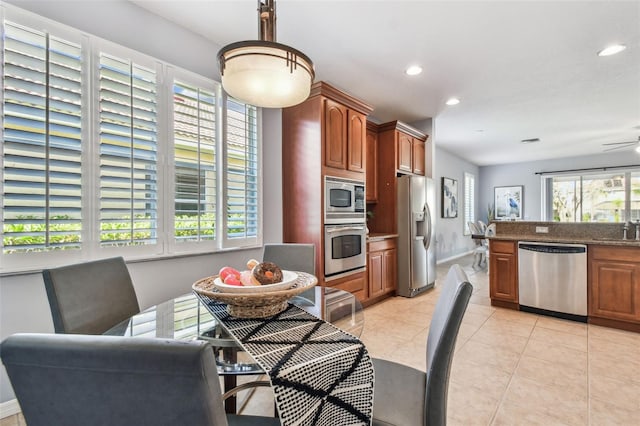 dining space featuring light tile patterned floors, visible vents, baseboards, recessed lighting, and ceiling fan