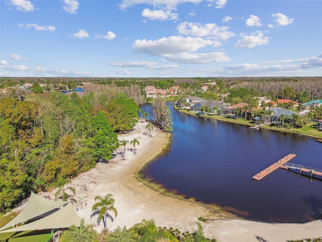 birds eye view of property with a wooded view and a water view