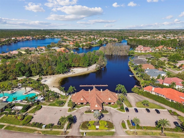 drone / aerial view featuring a water view