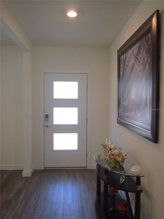 31888 Treasure Dock Isle, Wesley Chapel, FL 33545 - entryway with baseboards, recessed lighting, and dark wood-style flooring
