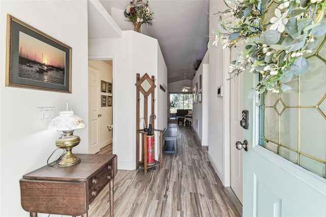 foyer with baseboards and wood finished floors