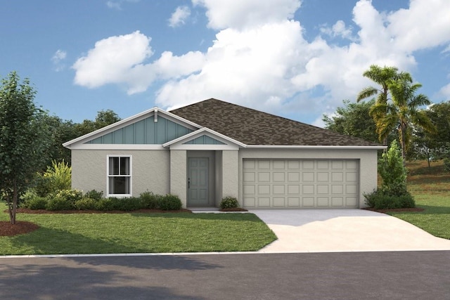 single story home featuring a front yard, concrete driveway, and a garage