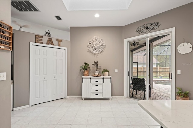 entrance foyer with visible vents, recessed lighting, a ceiling fan, and baseboards