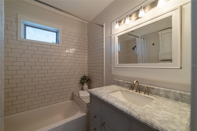 bathroom with shower / bath combination with curtain, vanity, and ornamental molding