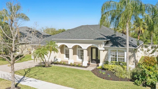 view of front facade featuring stucco siding, decorative driveway, roof with shingles, a front yard, and an attached garage